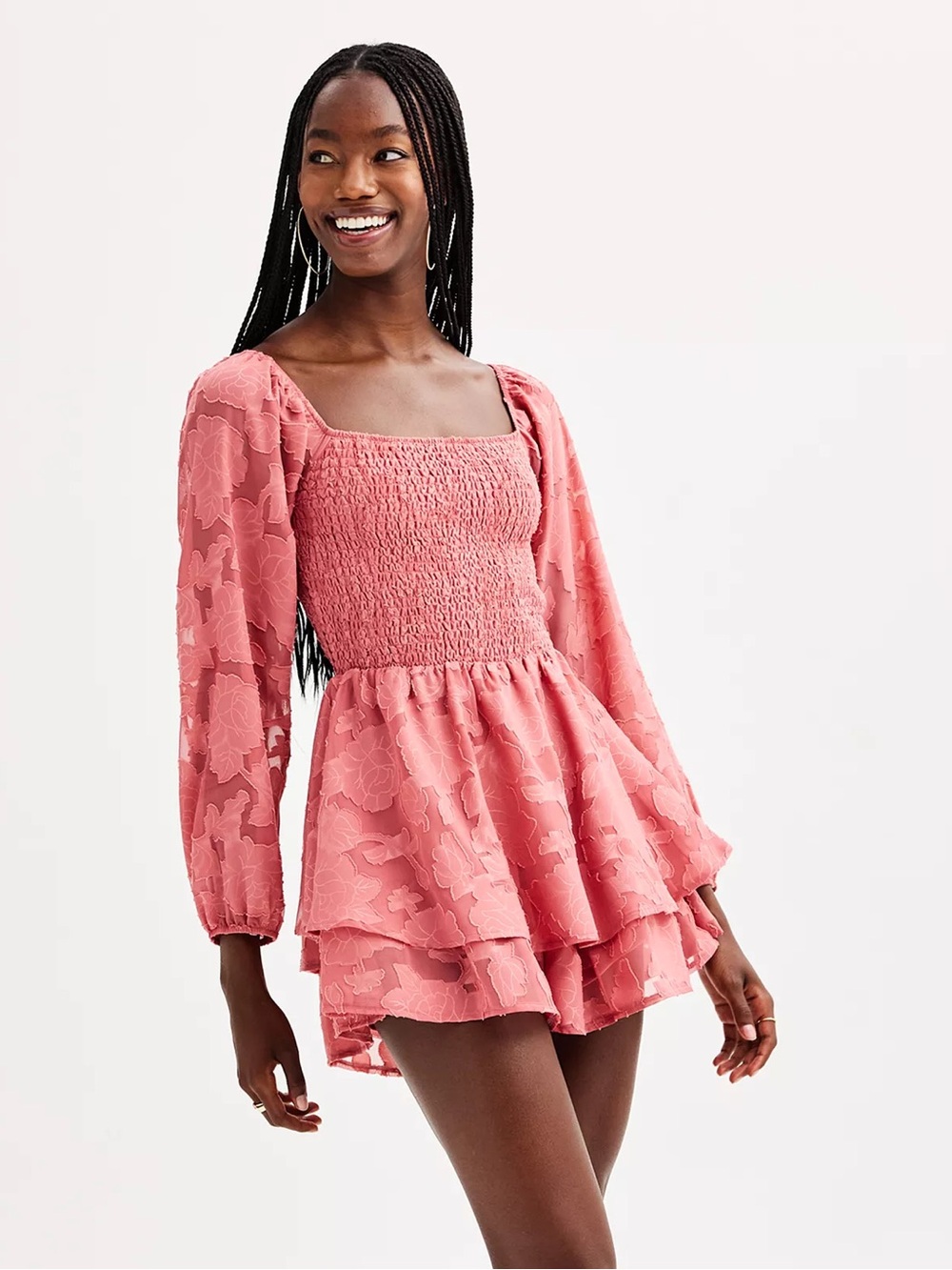 Harper & Ivy Smocked Tiered Long-Sleeve Romper in Dusty Mauve